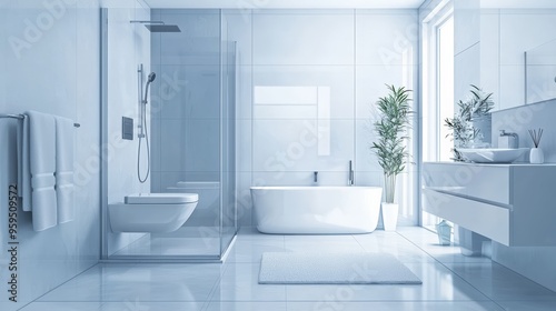 A bathroom with low-flow showerheads and energy-efficient ventilation, designed for water and energy conservation photo