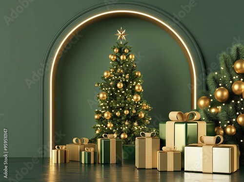 3D rendering of a Christmas tree with a golden arch and gift boxes on a green background. Minimalist style for product display presentation design concept