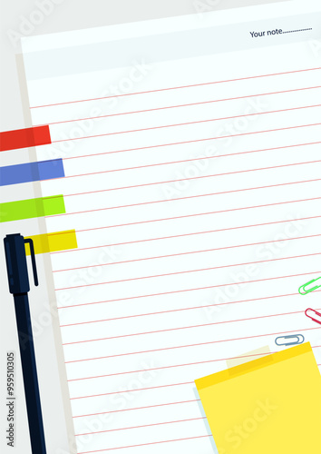 Notebook with office accessories in flat design.