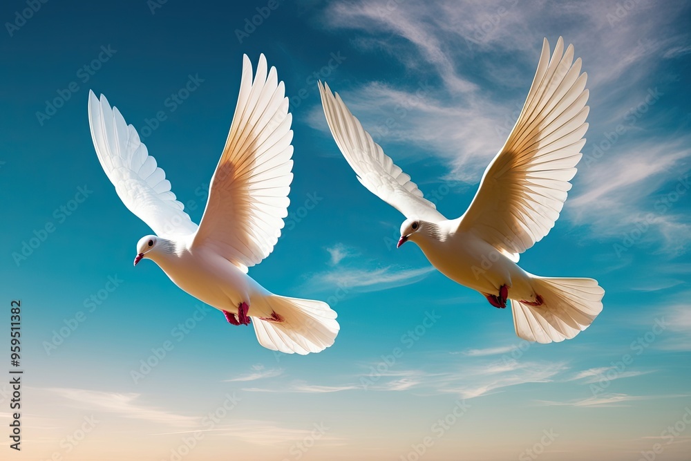 Obraz premium Graceful Doves Gliding Through a Serene Azure Background