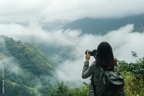 a woman taking a picture of a mountain with a camera photo