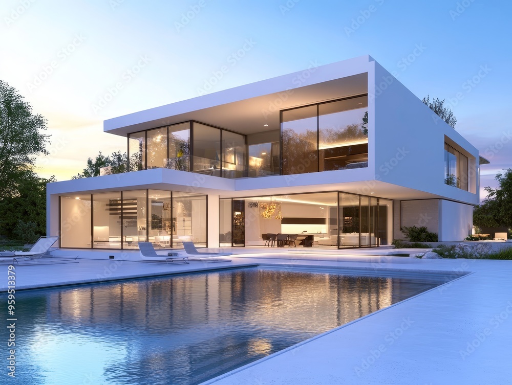 Fototapeta premium Modern house with a swimming pool and large windows.