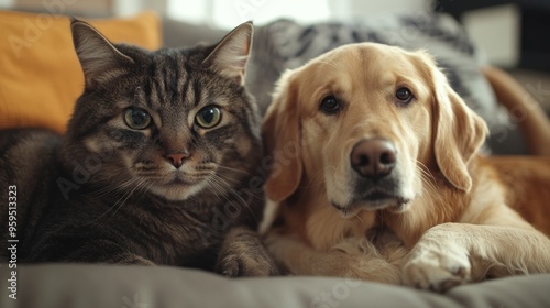 Close up of a cute dog lying on the sofa and a cat next to it. Ai generated image