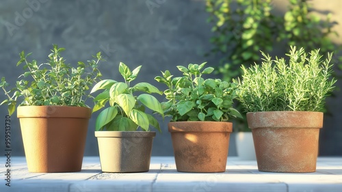 Organic herb garden, pots with fresh basil, mint, and rosemary, 3D illustration