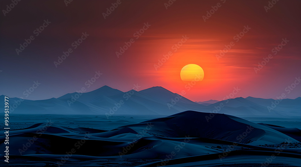 Fototapeta premium Sunset Over Blue Sand Dunes - Digital Illustration