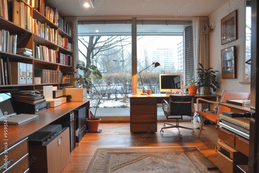 Office in industrial loft interior - concept in green park area Office in industrial loft interior - concept in green park area