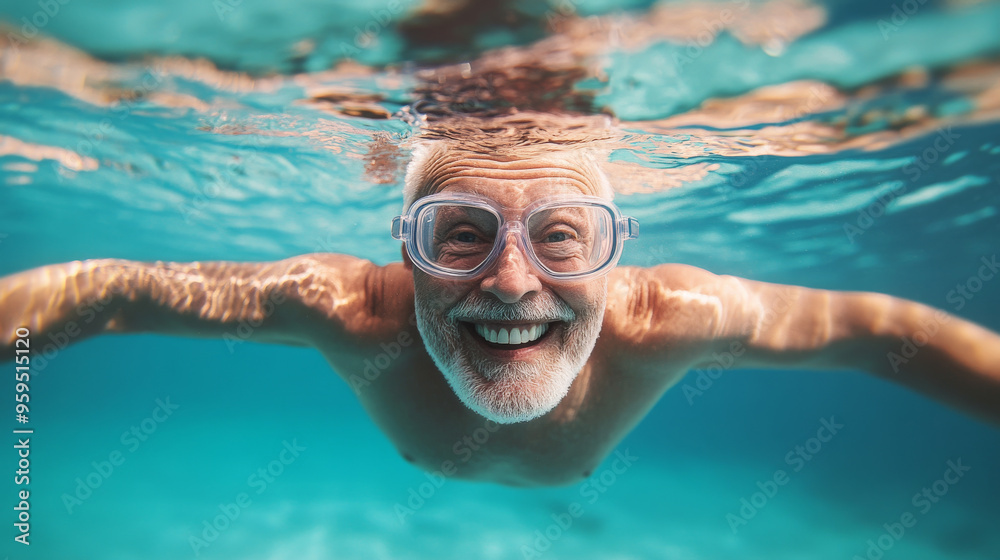 Fototapeta premium A happy senior man swimming underwater in a clear pool, with a playful smile visible through his goggles