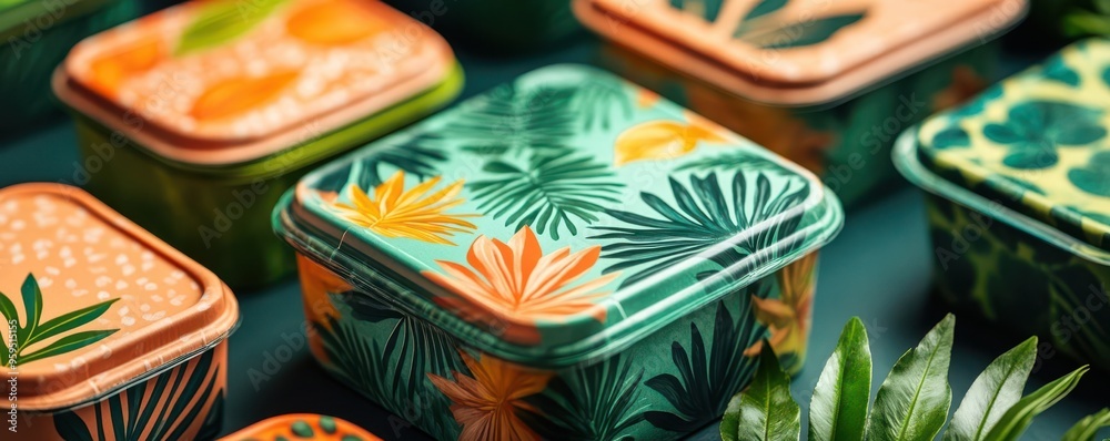 Close-up of compostable packaging with nature-inspired patterns, highlighting eco-friendly innovation Close-up of compostable packaging with nature-inspired patterns, highlighting eco-friendly innovation
