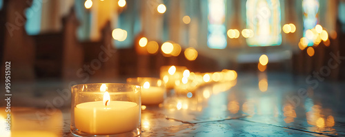 A peaceful close-up of lit candles glowing warmly inside a church. The background, blurred with soft bokeh lights and stained glass windows photo