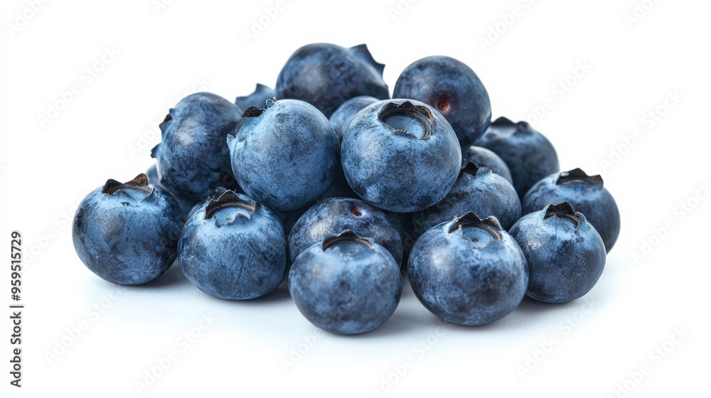 A cluster of blueberries, with a deep blue color, isolated on a white background, showcasing their freshness and export quality A cluster of blueberries, with a deep blue color, isolated on a white background, showcasing their freshness and export quality