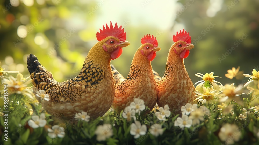 Fototapeta premium Organic chicken, farmraised and freerange, 3D illustration