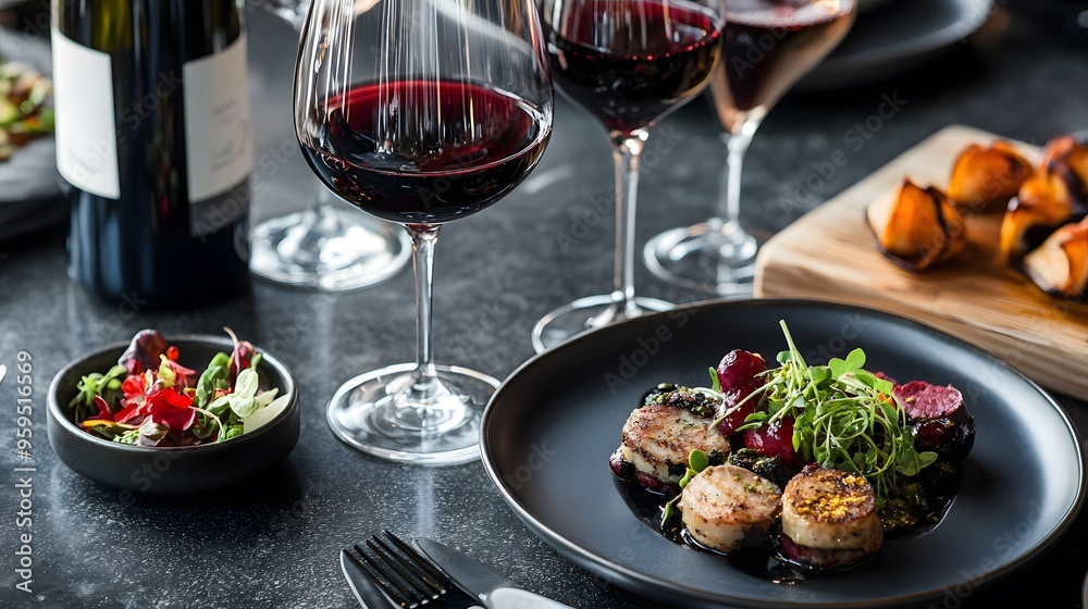 Deep red tones envelop a selection of wines and gourmet small plates Deep red tones envelop a selection of wines and gourmet small plates