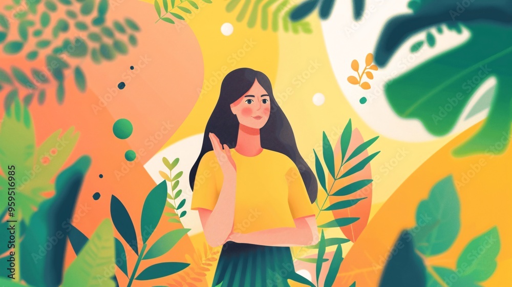 Woman in Yellow Shirt Surrounded by Green Leaves and Abstract Shapes Woman in Yellow Shirt Surrounded by Green Leaves and Abstract Shapes