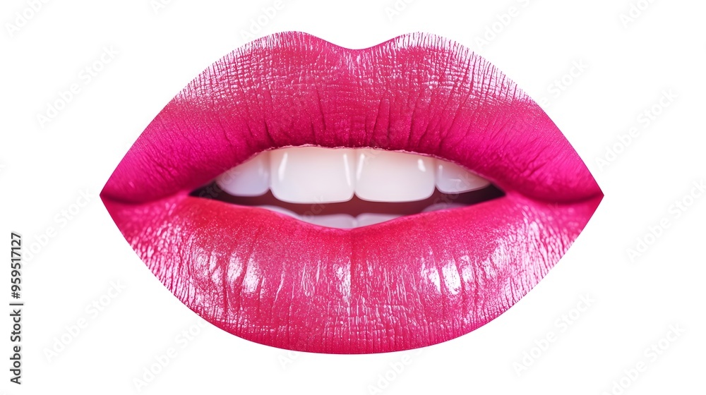 Close-up of pink glossy lips with red-pink lipstick, detailed lip texture, isolated on white background, feminine beauty concept with focus on natural lip shape and vibrant color Close-up of pink glossy lips with red-pink lipstick, detailed lip texture, isolated on white background, feminine beauty concept with focus on natural lip shape and vibrant color