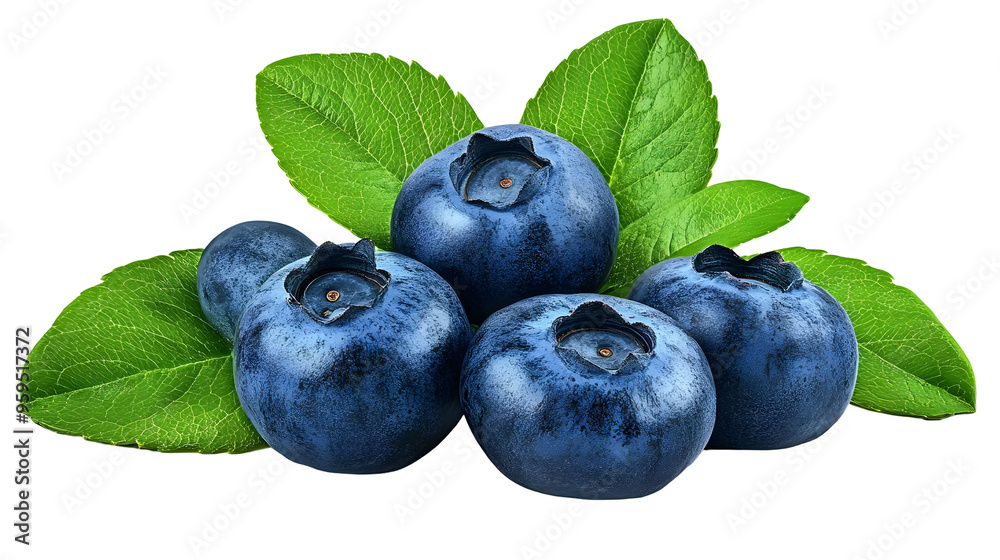Freshly picked blueberries with green leaves isolated on a transparent background Freshly picked blueberries with green leaves isolated on a transparent background