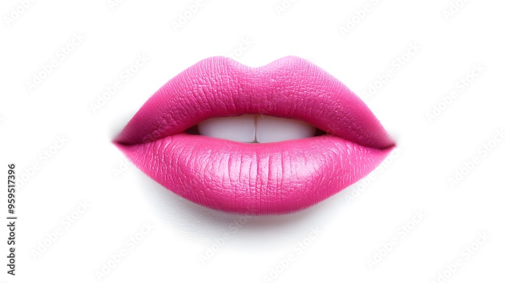 Close-up of pink glossy lips with red-pink lipstick, detailed lip texture, isolated on white background, feminine beauty concept with focus on natural lip shape and vibrant color Close-up of pink glossy lips with red-pink lipstick, detailed lip texture, isolated on white background, feminine beauty concept with focus on natural lip shape and vibrant color