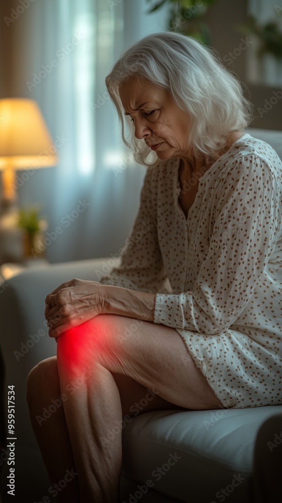 Elderly woman sitting and suffering from severe knee pain, with a red glow indicating the affected area. Elderly woman sitting and suffering from severe knee pain, with a red glow indicating the affected area.