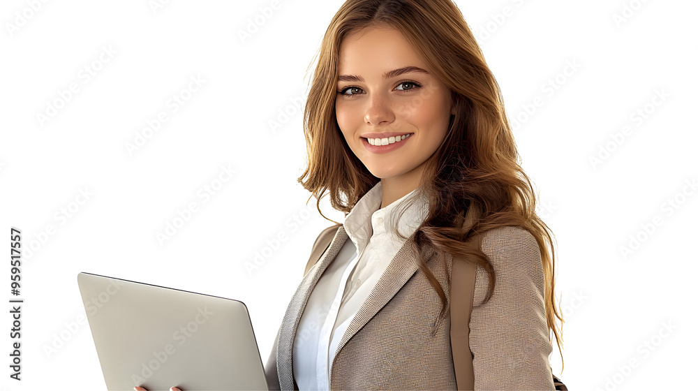 Smiling woman with long brown hair holds a laptop and wears a white shirt and a brown blazer on a transparent background. Smiling woman with long brown hair holds a laptop and wears a white shirt and a brown blazer on a transparent background.