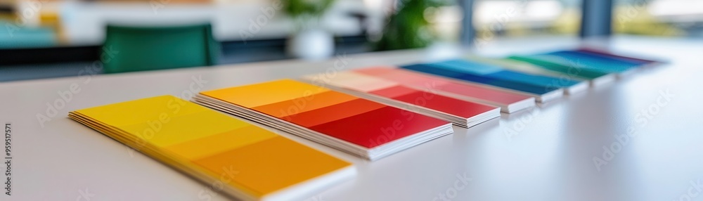Fototapeta premium Close-up of vibrant paint color chips spread out on a white desk in a modern office environment