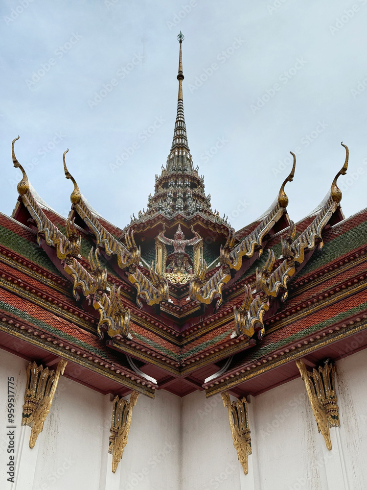 Fototapeta premium Sanphet Prasat Palace or black roof Ayutthaya Palace replica in Muang Boran Ancient City, Samut Prakan, Bangkok, Thailand. With its beautiful ornamental details