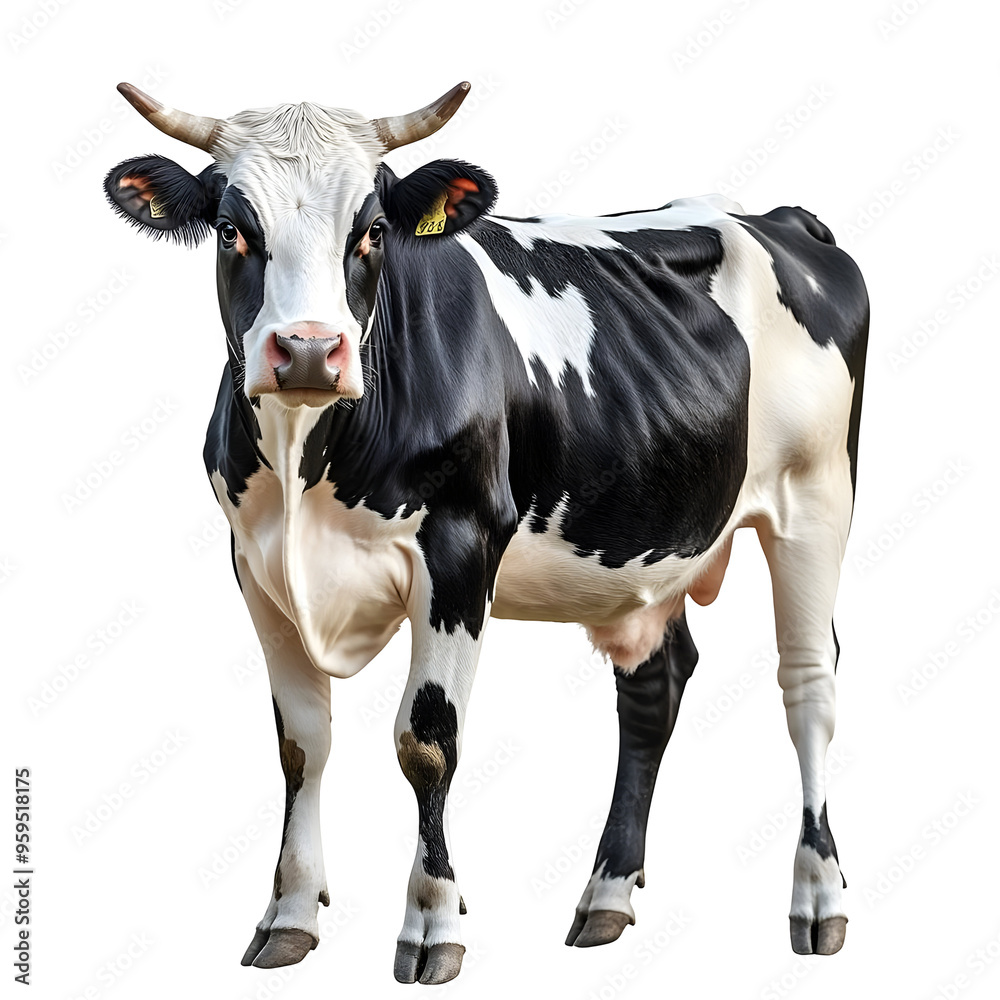 Black and white cow standing on a transparent background, isolated animal image, png Black and white cow standing on a transparent background, isolated animal image, png