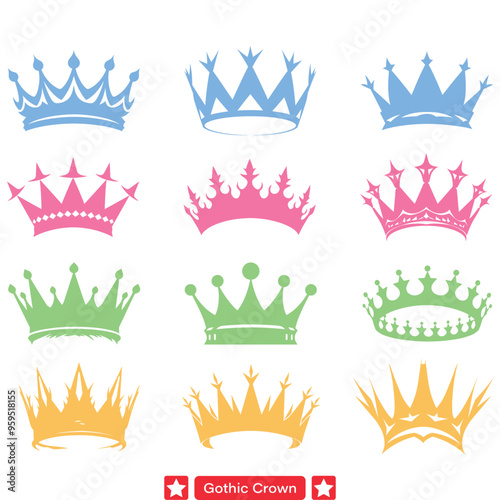 Enigmatic Elegance  Intricate Gothic Crown Vector Silhouette Set for Majestic Designs