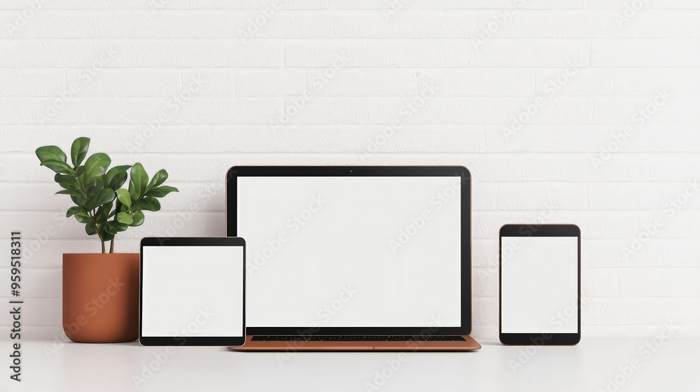 Minimalist workspace featuring a laptop, tablet, and smartphone with blank screens on a white desk, complemented by a potted plant against a white brick wall. Minimalist workspace featuring a laptop, tablet, and smartphone with blank screens on a white desk, complemented by a potted plant against a white brick wall.