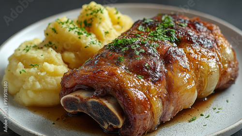 German pork knuckle, showcasing its crispy, golden-brown skin and tender meat photo