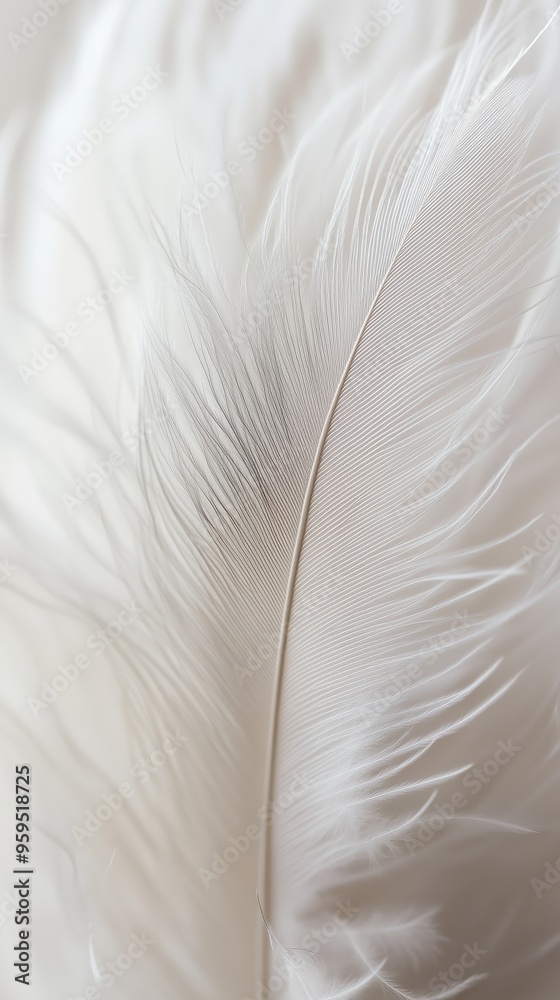 Close-up of a soft white feather, highlighting intricate details and texture, symbolizing purity, lightness, and tranquility. Close-up of a soft white feather, highlighting intricate details and texture, symbolizing purity, lightness, and tranquility.