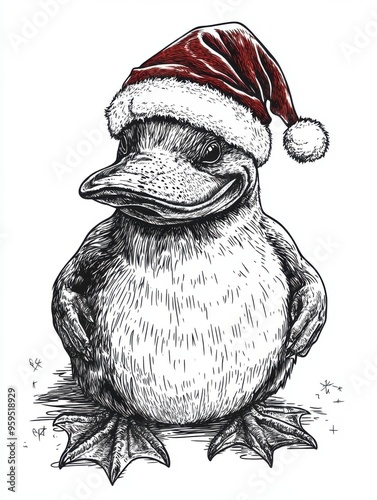 Black and white Vintage engraved art of a full-body platypus with a Christmas Santa hat, isolated on white background, ink sketch illustration, simple vector art design, highly detailed line art photo