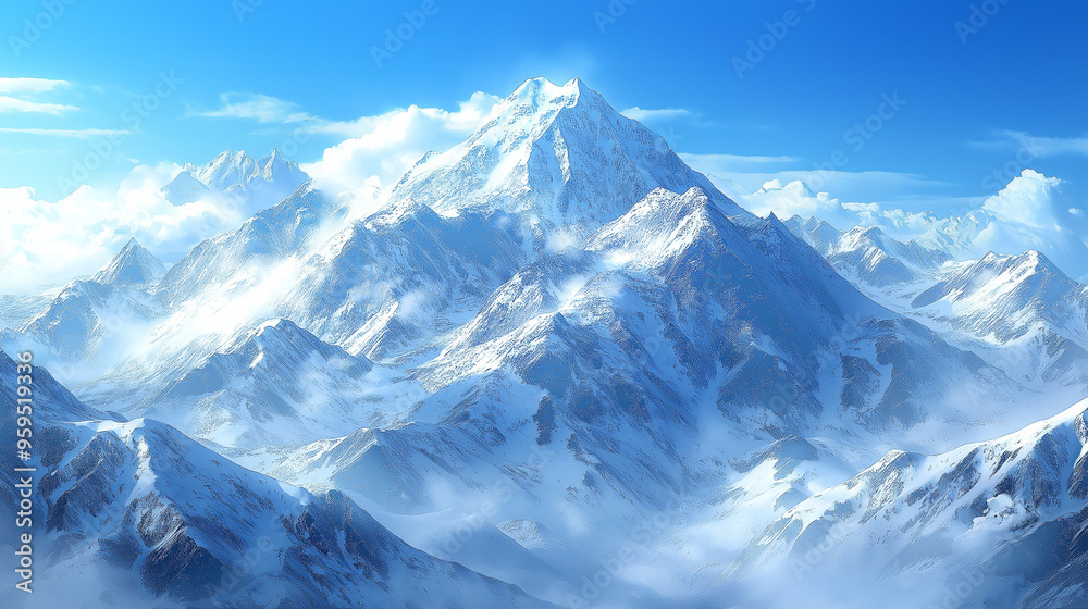 Snow-capped mountains under a clear blue sky, winter weather, cold and majestic Snow-capped mountains under a clear blue sky, winter weather, cold and majestic