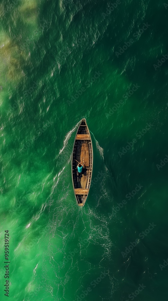 Aerial view of a lone person rowing a wooden boat through calm, vivid green waters, evoking tranquility and solitude. Aerial view of a lone person rowing a wooden boat through calm, vivid green waters, evoking tranquility and solitude.
