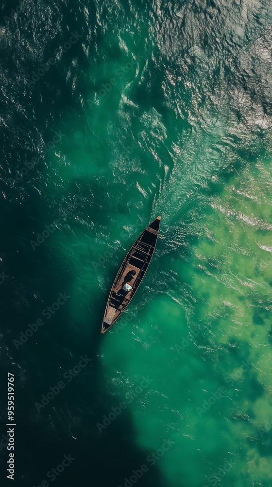 Obraz premium High angle view of a wooden boat with a lone individual on a tranquil green river, creating a serene scene.