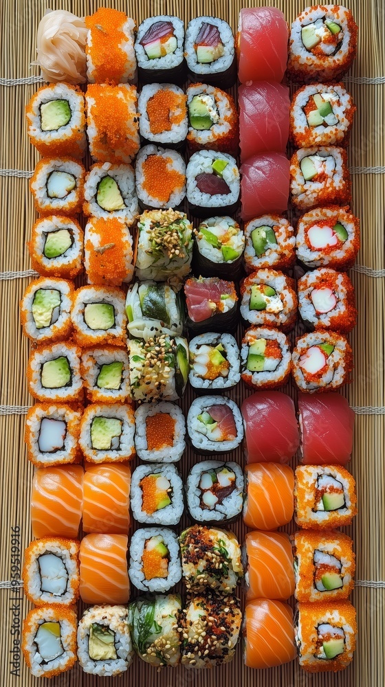 An array of vibrant sushi rolls displayed on a bamboo mat, featuring various types and colorful ingredients. An array of vibrant sushi rolls displayed on a bamboo mat, featuring various types and colorful ingredients.