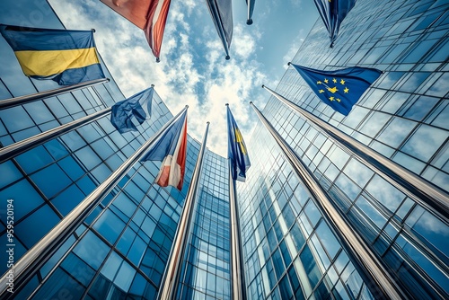 Flags Waving in Front of a Modern Glass Building