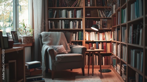 A cozy reading nook with a comfortable armchair, side table, and floor lamp, surrounded by bookshelves