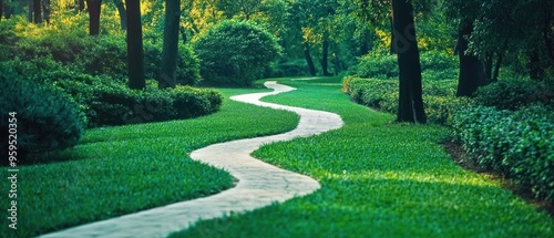 Winding Stone Path Through a Lush Green Forest photo