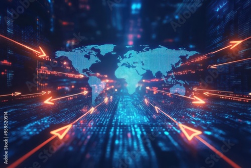 Digital arrows pointing outward from a central point on a world map, representing business expansion into new markets