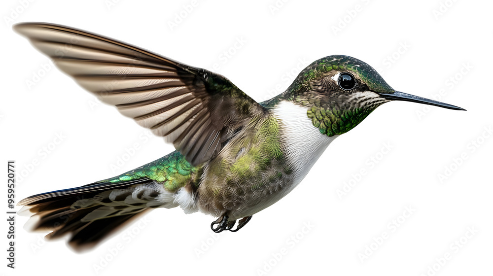 Naklejka premium Green hummingbird flying with spread wings with a transparent background.