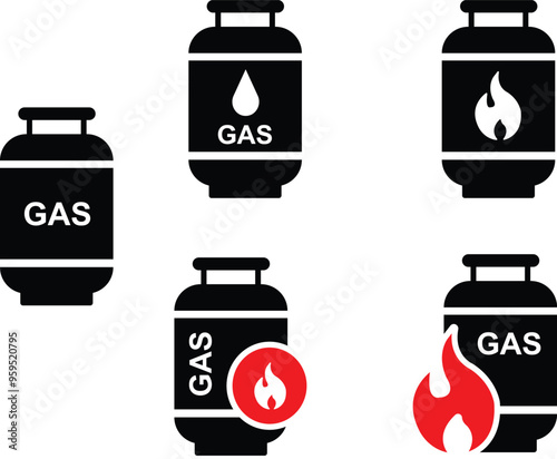 Set of Gas tank icons in trendy black Flat styles. Lpg propane bottles vectors container. Gas cylinder canister fuel storage symbols isolated on transparent background. Petrol tank illustration signs.