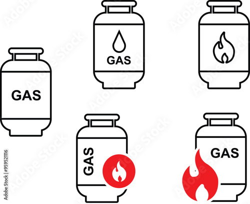 Set of Gas tank icons in black Outline styles. Lpg propane bottles vectors container. Gas cylinder canister fuel storage symbols isolated on transparent background. Petrol tank illustration signs.