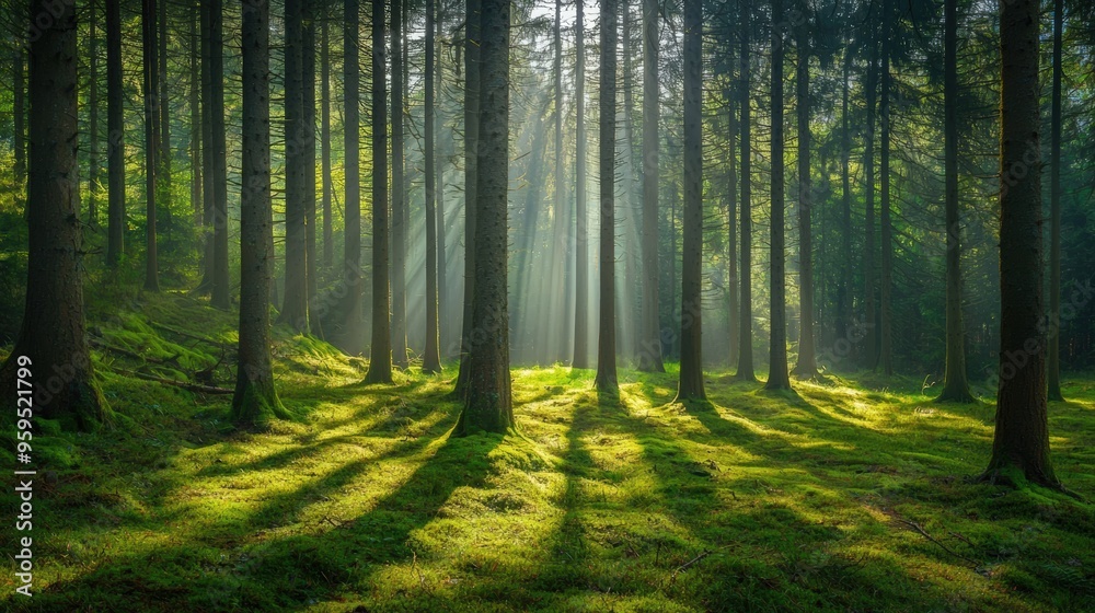 Fototapeta premium A dense forest with sunlight filtering through the tall trees, casting long shadows, copy space