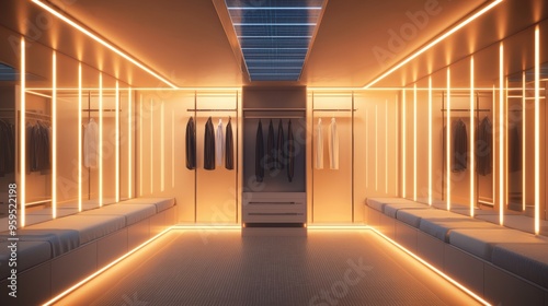 A dressing room with energy-efficient lighting solutions, reducing electricity consumption, copy space