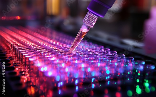 Close-up of a gene editing tool, such as CRISPR, in use by a researcher in a high-tech lab