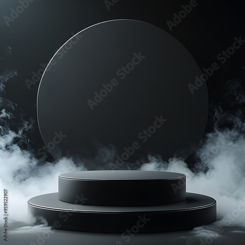 Black Empty Circle Podium with Smoke and Gradient Background, 3D Render photo