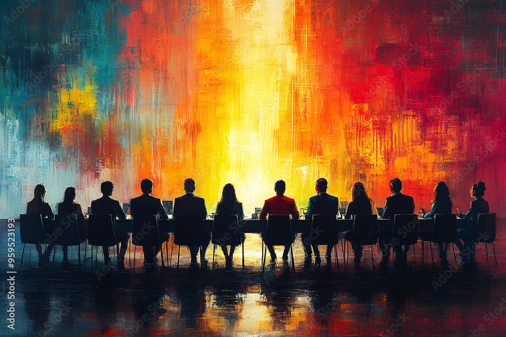 Multicultural group of business people in a futuristic conference. Illustration of brainstorming and collaboration in a corporate setting. Multicultural group of business people in a futuristic conference. Illustration of brainstorming and collaboration in a corporate setting.