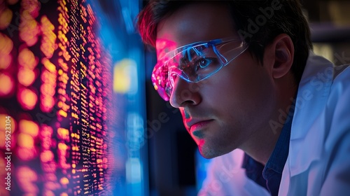 Biotech researcher using advanced computer software to design synthetic biological materials