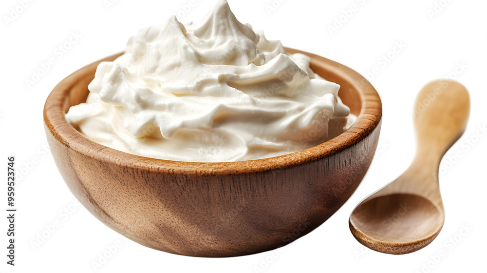 Whipped Cream in a Wooden Bowl Isolated on a Transparent Background, Perfect for Adding to Desserts or Drinks Whipped Cream in a Wooden Bowl Isolated on a Transparent Background, Perfect for Adding to Desserts or Drinks