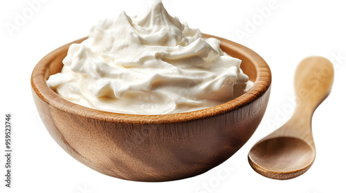 Whipped Cream in a Wooden Bowl Isolated on a Transparent Background, Perfect for Adding to Desserts or Drinks