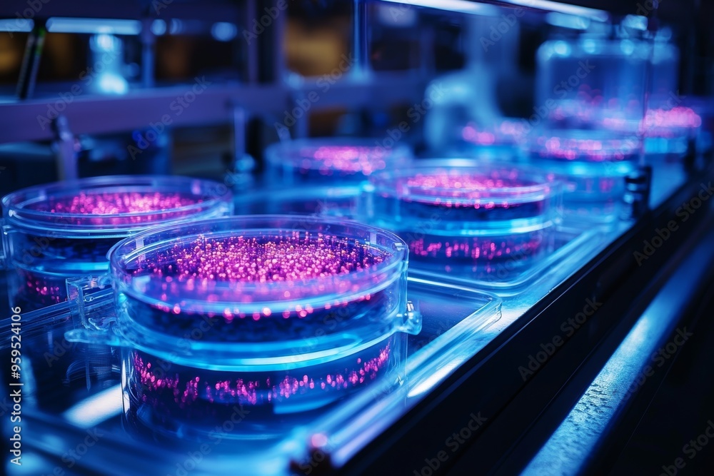 Futuristic biotech lab with rows of petri dishes growing genetically modified organisms under blue light Futuristic biotech lab with rows of petri dishes growing genetically modified organisms under blue light